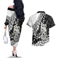 Aotearoa Manaia NZ Maori Silver Fern Couples Matching Off The Shoulder Long Sleeve Dress and Hawaiian Shirt LT14 - Polynesian Pride