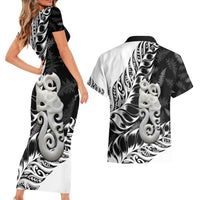 Aotearoa Manaia NZ Maori Silver Fern Couples Matching Short Sleeve Bodycon Dress and Hawaiian Shirt LT14 - Polynesian Pride