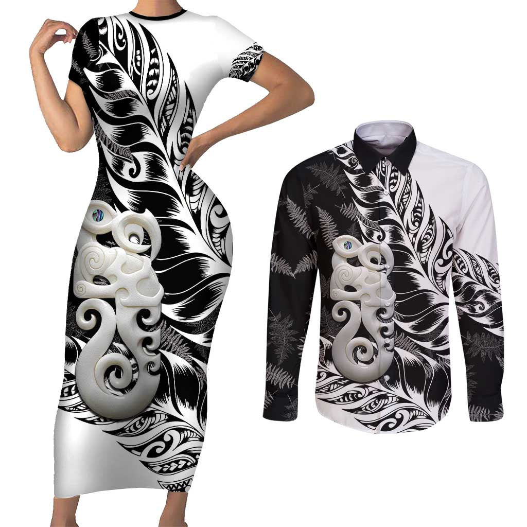 Aotearoa Manaia NZ Maori Silver Fern Couples Matching Short Sleeve Bodycon Dress and Long Sleeve Button Shirt LT14 Black - Polynesian Pride