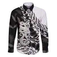 Aotearoa Manaia NZ Maori Silver Fern Family Matching Long Sleeve Bodycon Dress and Hawaiian Shirt LT14 Dad's Shirt - Long Sleeve Black - Polynesian Pride