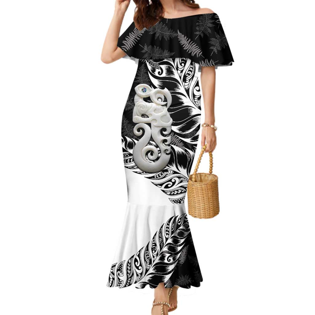 Aotearoa Manaia NZ Maori Silver Fern Family Matching Mermaid Dress and Hawaiian Shirt LT14 Mom's Dress Black - Polynesian Pride