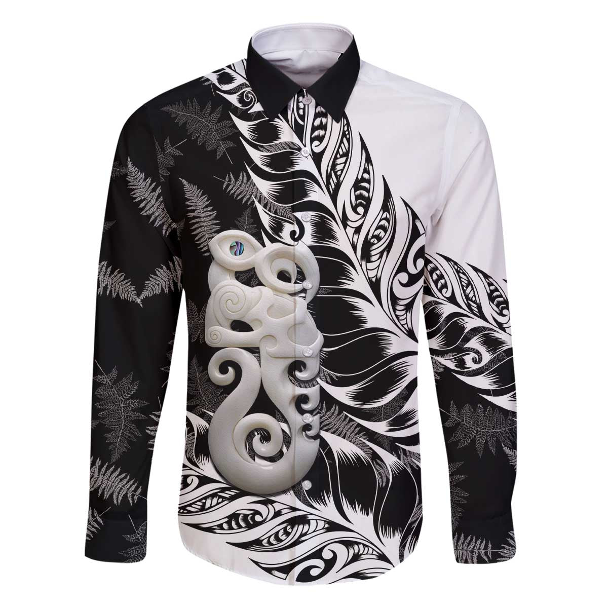 Aotearoa Manaia NZ Maori Silver Fern Family Matching Off The Shoulder Long Sleeve Dress and Hawaiian Shirt LT14 Dad's Shirt - Long Sleeve Black - Polynesian Pride