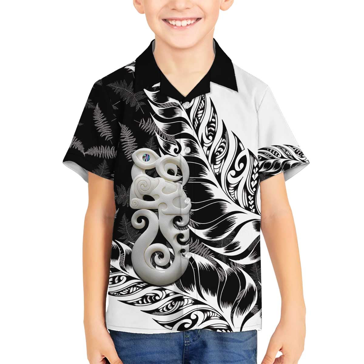 Aotearoa Manaia NZ Maori Silver Fern Family Matching Off The Shoulder Long Sleeve Dress and Hawaiian Shirt LT14 Son's Shirt Black - Polynesian Pride