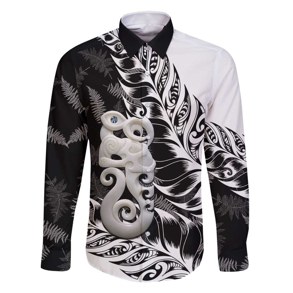 Aotearoa Manaia NZ Maori Silver Fern Family Matching Off Shoulder Short Dress and Hawaiian Shirt LT14 Dad's Shirt - Long Sleeve Black - Polynesian Pride