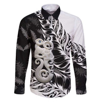 Aotearoa Manaia NZ Maori Silver Fern Family Matching Puletasi and Hawaiian Shirt LT14 Dad's Shirt - Long Sleeve Black - Polynesian Pride