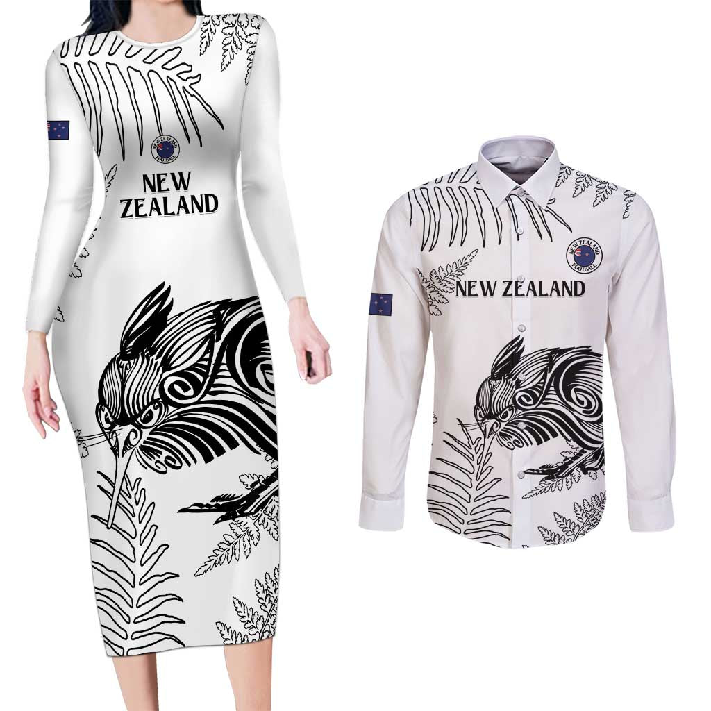 Custom New Zealand Kiwi Football Couples Matching Long Sleeve Bodycon Dress and Long Sleeve Button Shirt Aotearoa Silver Fern LT14 White - Polynesian Pride
