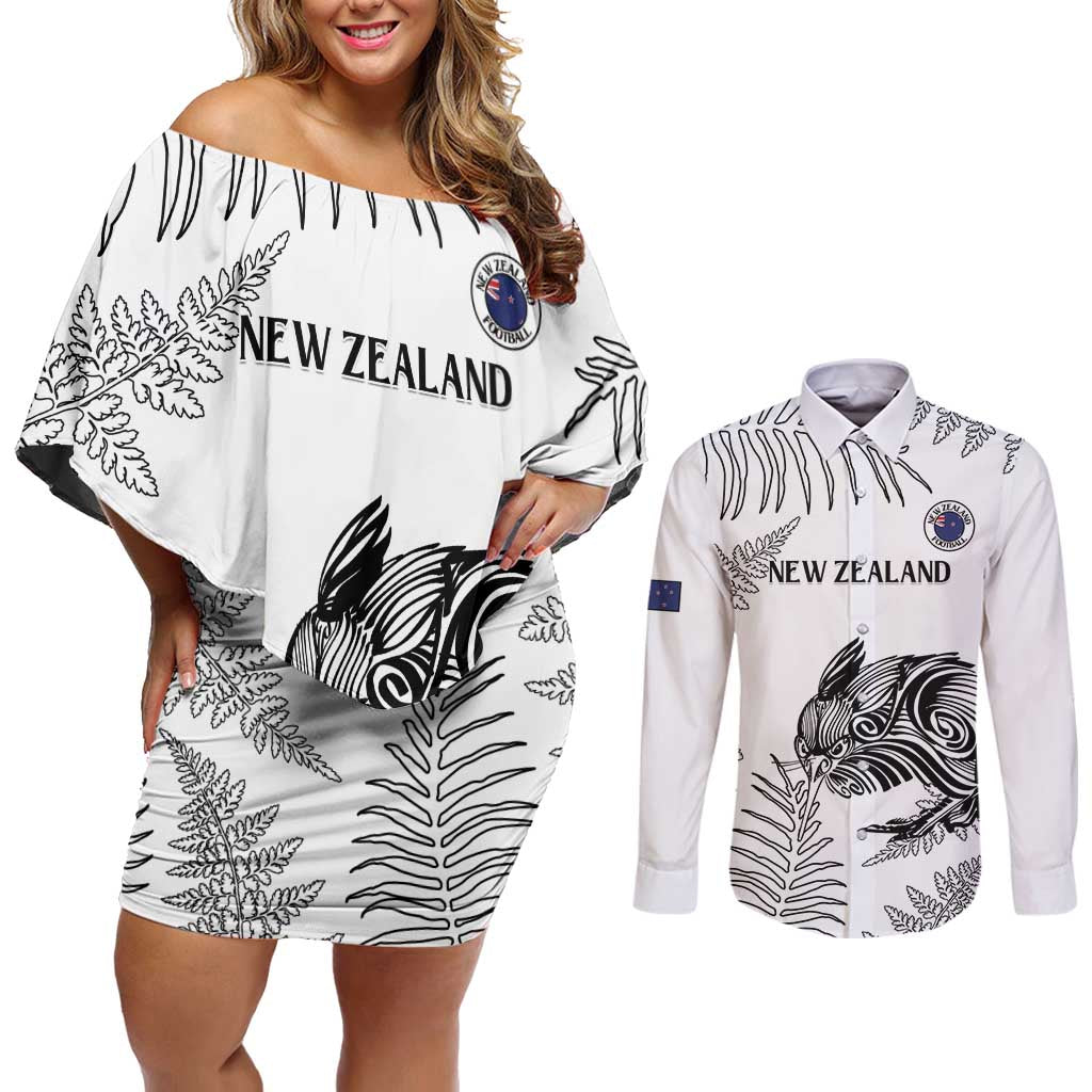 Custom New Zealand Kiwi Football Couples Matching Off Shoulder Short Dress and Long Sleeve Button Shirt Aotearoa Silver Fern LT14 White - Polynesian Pride