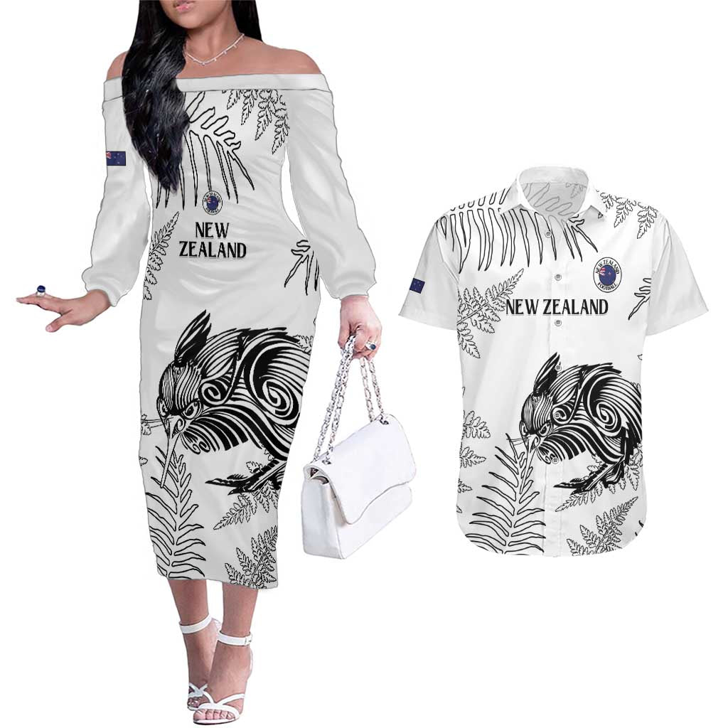 Custom New Zealand Kiwi Football Couples Matching Off The Shoulder Long Sleeve Dress and Hawaiian Shirt Aotearoa Silver Fern LT14 White - Polynesian Pride