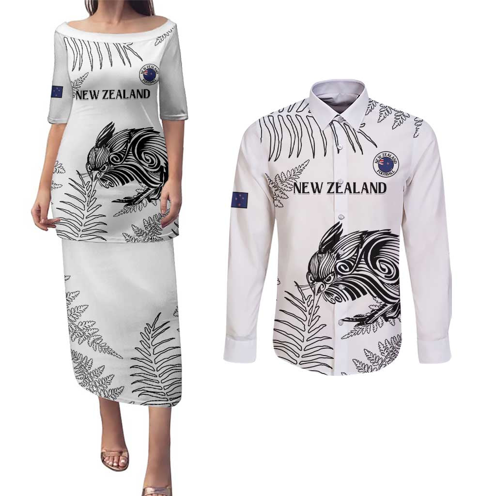 Custom New Zealand Kiwi Football Couples Matching Puletasi and Long Sleeve Button Shirt Aotearoa Silver Fern LT14 White - Polynesian Pride