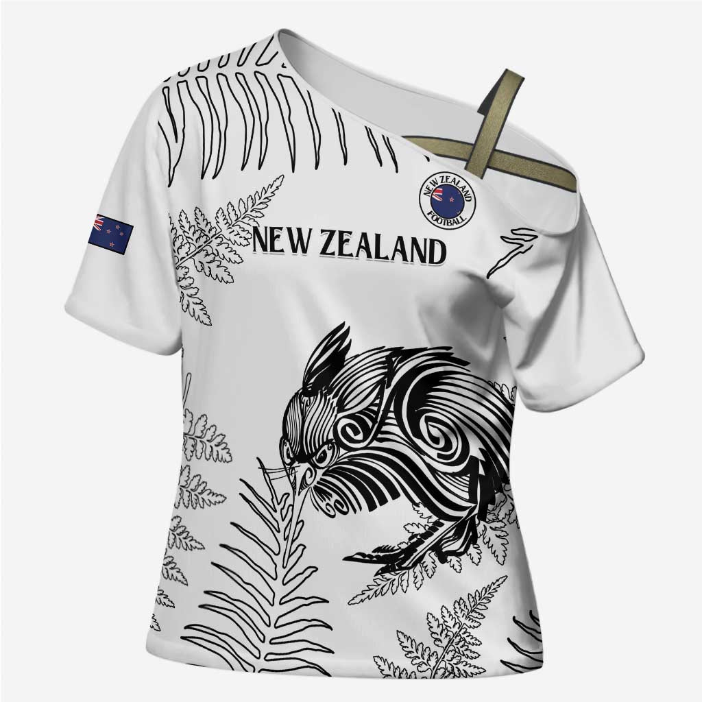 Custom New Zealand Kiwi Football Cross Shoulder Shirt Aotearoa Silver Fern LT14 Female White - Polynesian Pride