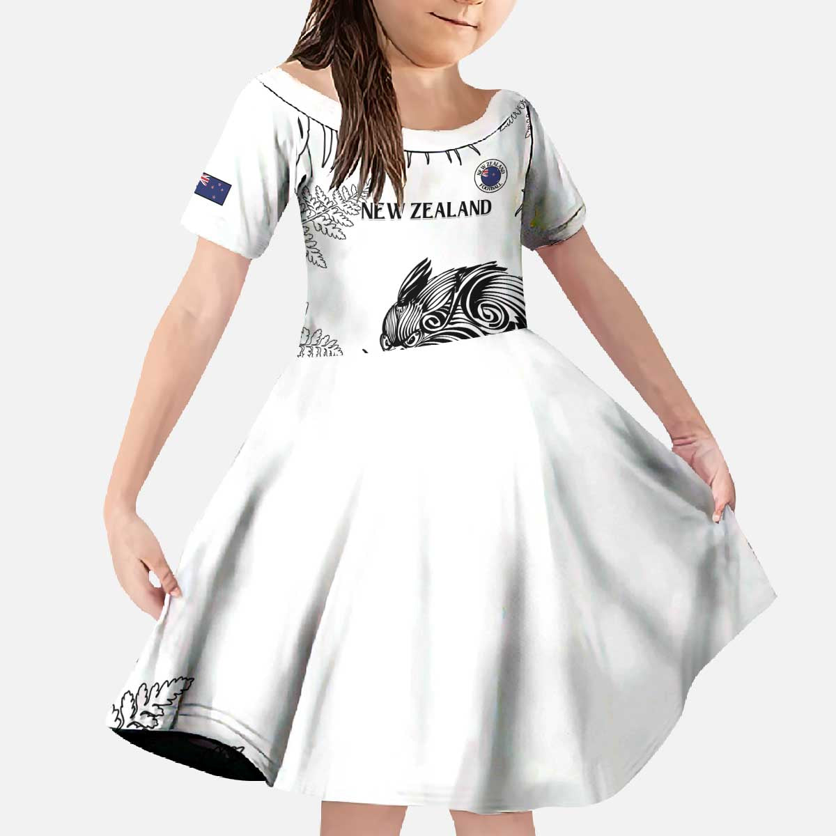 Custom New Zealand Kiwi Football Family Matching Off The Shoulder Long Sleeve Dress and Hawaiian Shirt Aotearoa Silver Fern LT14 Daughter's Dress White - Polynesian Pride