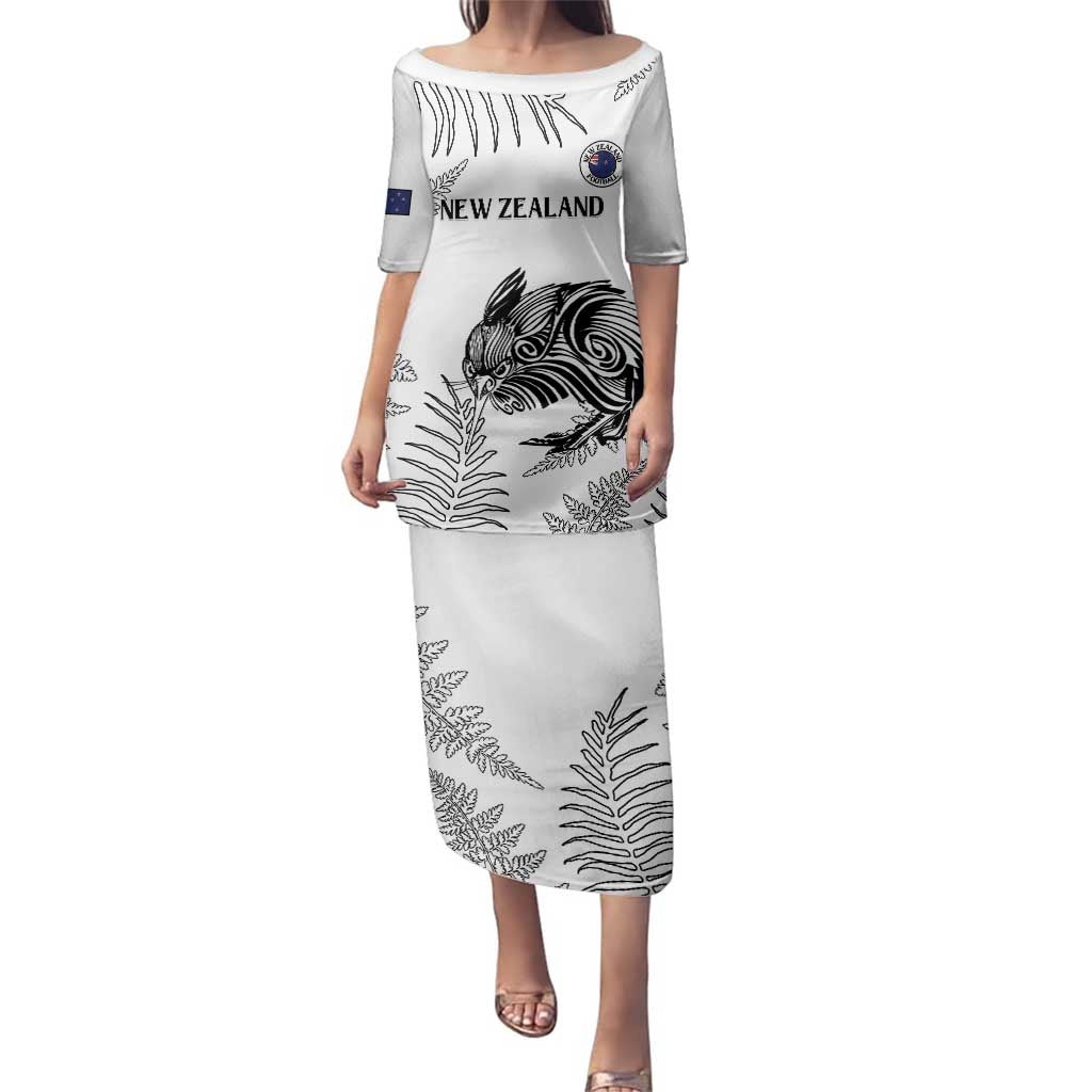 Custom New Zealand Kiwi Football Family Matching Puletasi and Hawaiian Shirt Aotearoa Silver Fern LT14 Mom's Dress White - Polynesian Pride