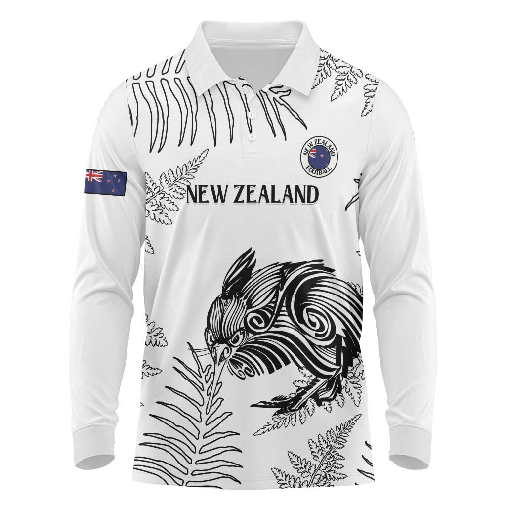 Custom New Zealand Kiwi Football Long Sleeve Polo Shirt Aotearoa Silver Fern LT14 White - Polynesian Pride