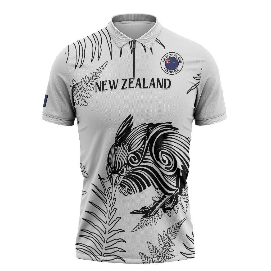 Custom New Zealand Kiwi Football Zipper Polo Shirt Aotearoa Silver Fern LT14 White - Polynesian Pride