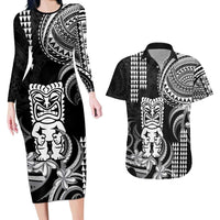 Hawaii Ku God Couples Matching Long Sleeve Bodycon Dress and Hawaiian Shirt Kakau Mix Polynesian Tattoo LT14 Black - Polynesian Pride