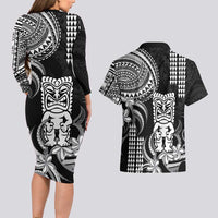 Hawaii Ku God Couples Matching Long Sleeve Bodycon Dress and Hawaiian Shirt Kakau Mix Polynesian Tattoo LT14 - Polynesian Pride