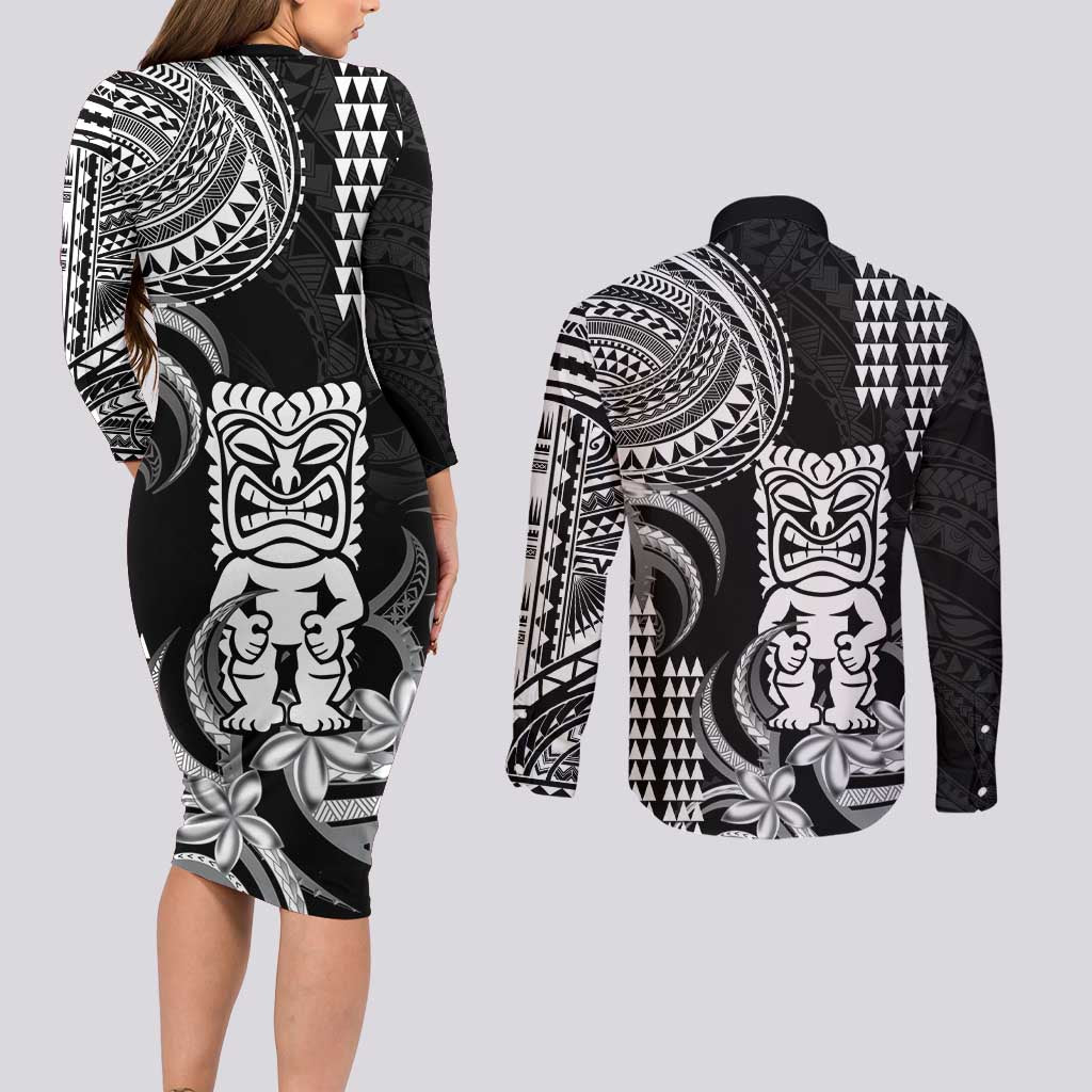 Hawaii Ku God Couples Matching Long Sleeve Bodycon Dress and Long Sleeve Button Shirt Kakau Mix Polynesian Tattoo LT14 - Polynesian Pride