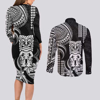 Hawaii Ku God Couples Matching Long Sleeve Bodycon Dress and Long Sleeve Button Shirt Kakau Mix Polynesian Tattoo LT14 - Polynesian Pride