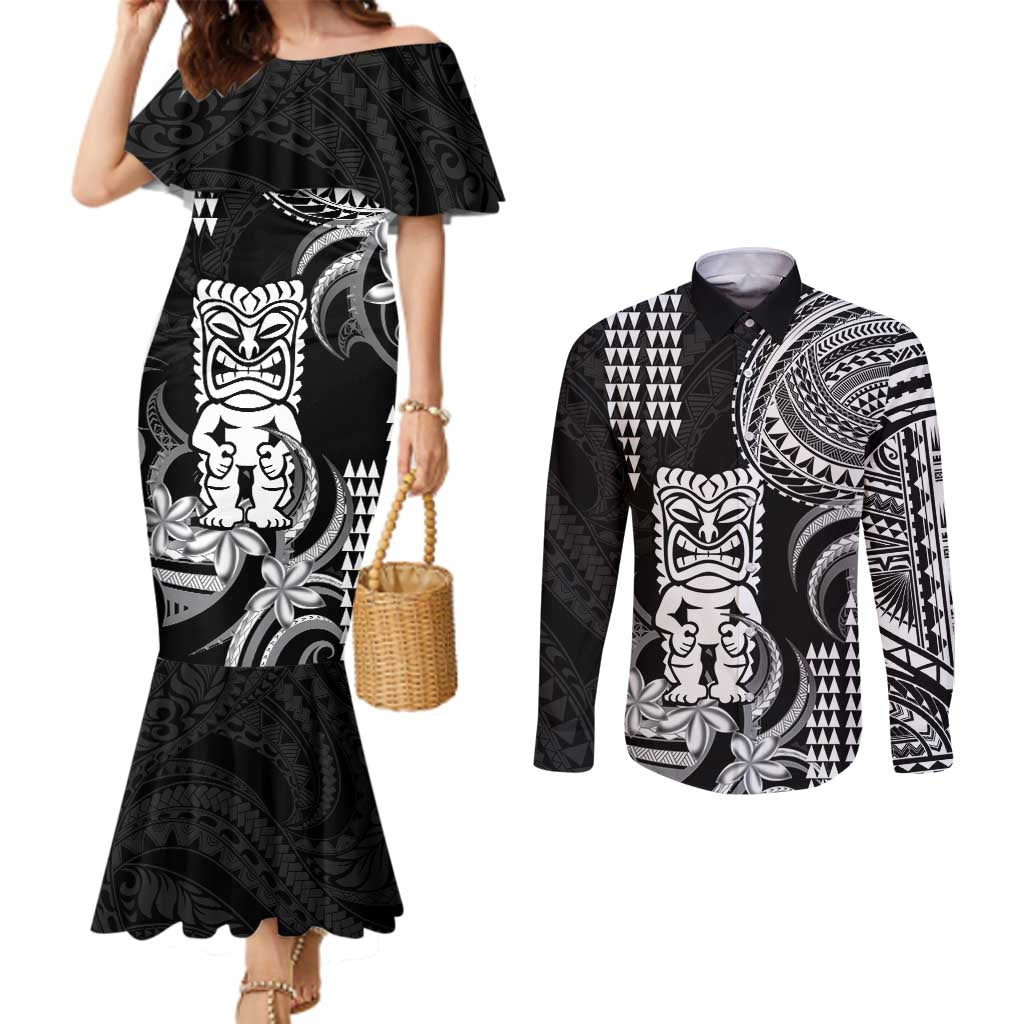 Hawaii Ku God Couples Matching Mermaid Dress and Long Sleeve Button Shirt Kakau Mix Polynesian Tattoo LT14 Black - Polynesian Pride