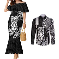 Hawaii Ku God Couples Matching Mermaid Dress and Long Sleeve Button Shirt Kakau Mix Polynesian Tattoo LT14 Black - Polynesian Pride