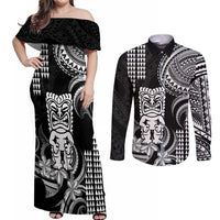 Hawaii Ku God Couples Matching Off Shoulder Maxi Dress and Long Sleeve Button Shirt Kakau Mix Polynesian Tattoo LT14 Black - Polynesian Pride