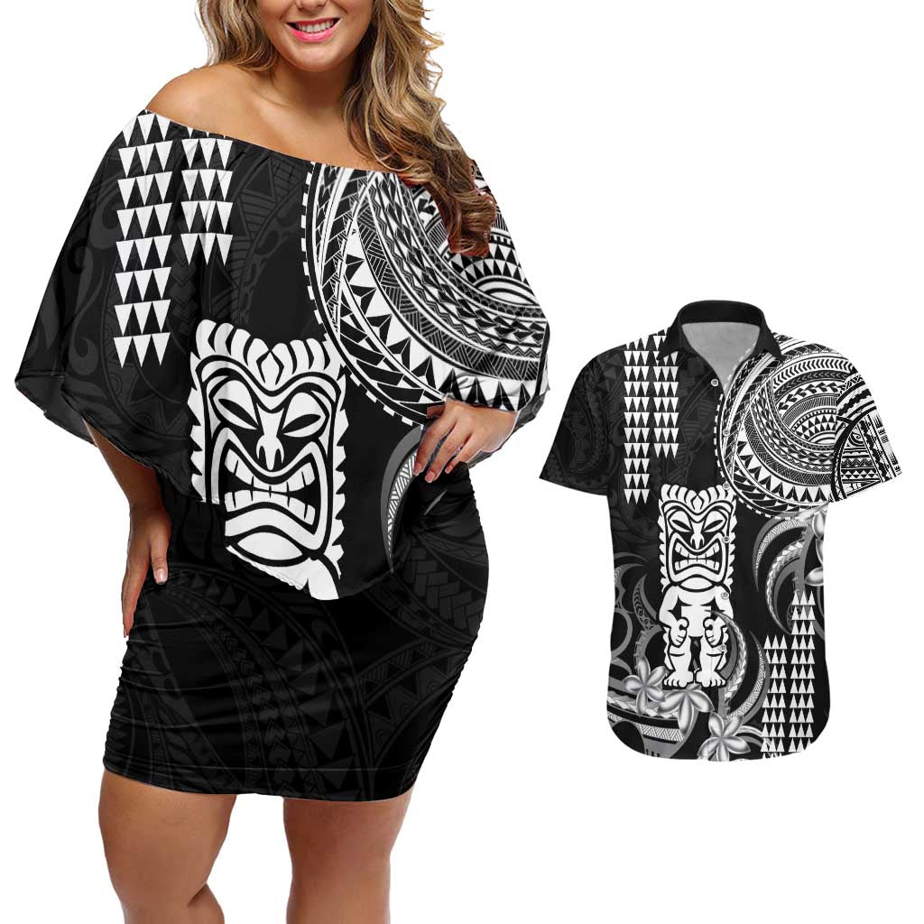 Hawaii Ku God Couples Matching Off Shoulder Short Dress and Hawaiian Shirt Kakau Mix Polynesian Tattoo LT14 Black - Polynesian Pride