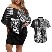 Hawaii Ku God Couples Matching Off Shoulder Short Dress and Hawaiian Shirt Kakau Mix Polynesian Tattoo LT14 Black - Polynesian Pride