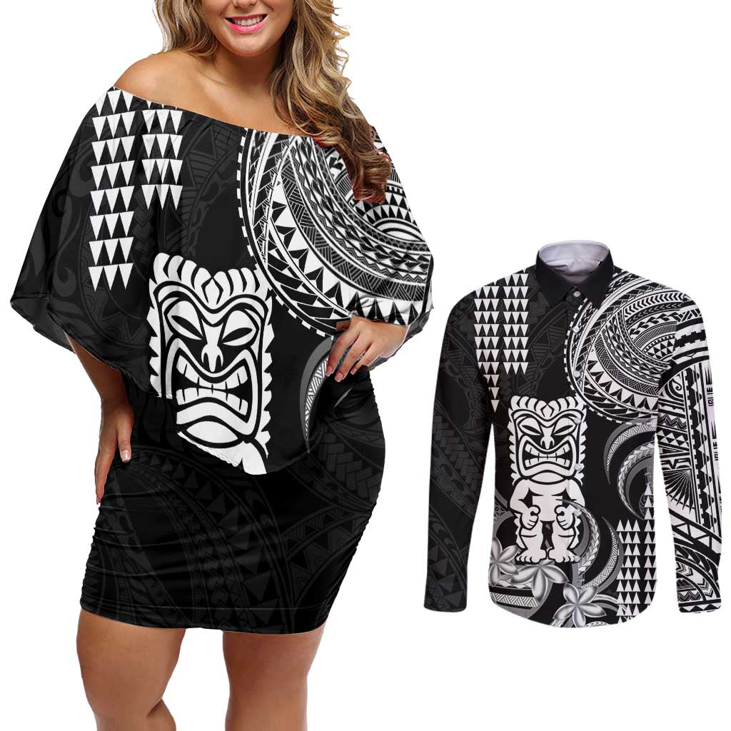 Hawaii Ku God Couples Matching Off Shoulder Short Dress and Long Sleeve Button Shirt Kakau Mix Polynesian Tattoo LT14 Black - Polynesian Pride