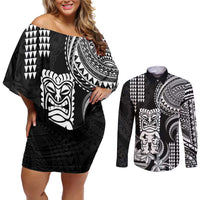 Hawaii Ku God Couples Matching Off Shoulder Short Dress and Long Sleeve Button Shirt Kakau Mix Polynesian Tattoo LT14 Black - Polynesian Pride
