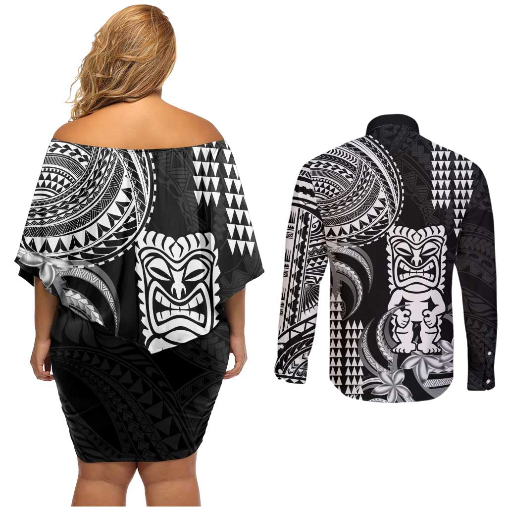 Hawaii Ku God Couples Matching Off Shoulder Short Dress and Long Sleeve Button Shirt Kakau Mix Polynesian Tattoo LT14 - Polynesian Pride