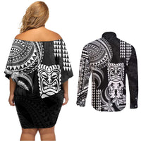 Hawaii Ku God Couples Matching Off Shoulder Short Dress and Long Sleeve Button Shirt Kakau Mix Polynesian Tattoo LT14 - Polynesian Pride