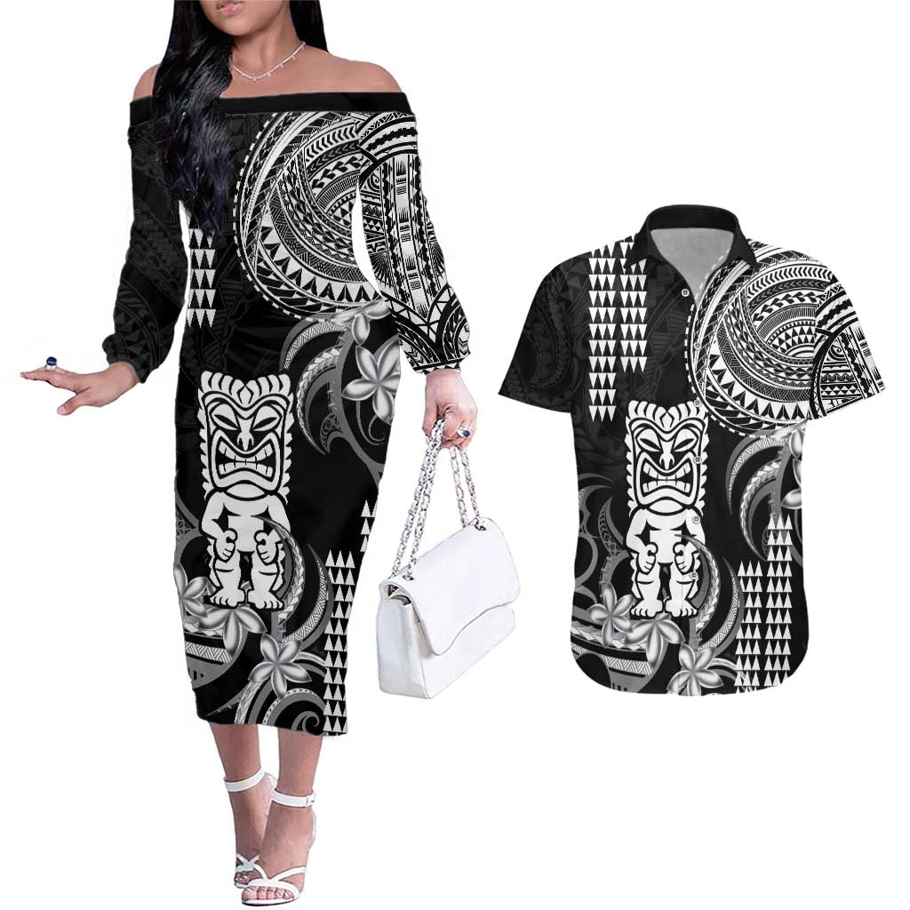 Hawaii Ku God Couples Matching Off The Shoulder Long Sleeve Dress and Hawaiian Shirt Kakau Mix Polynesian Tattoo LT14 Black - Polynesian Pride