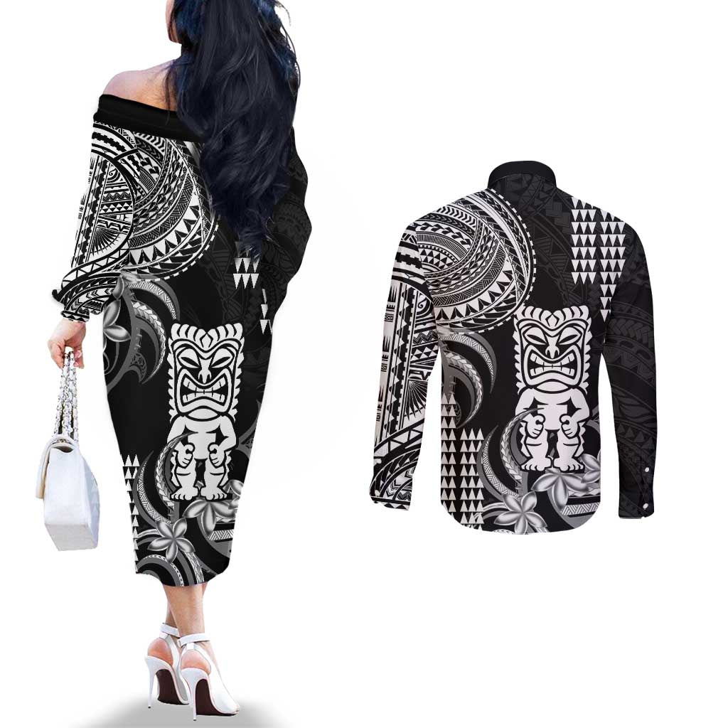Hawaii Ku God Couples Matching Off The Shoulder Long Sleeve Dress and Long Sleeve Button Shirt Kakau Mix Polynesian Tattoo LT14 - Polynesian Pride