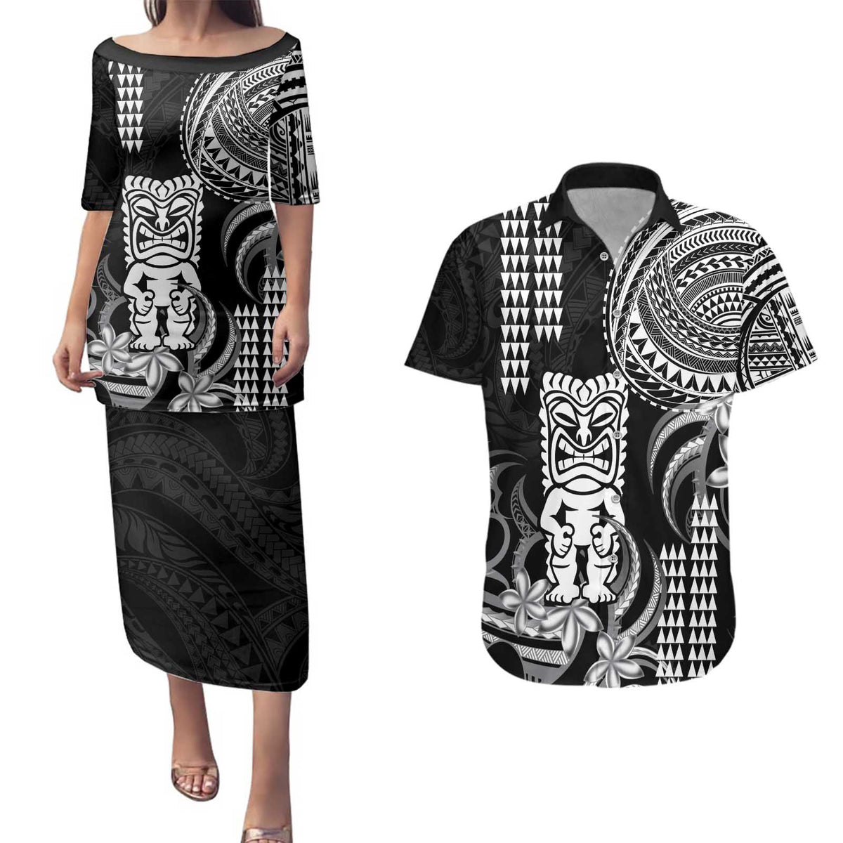 Hawaii Ku God Couples Matching Puletasi and Hawaiian Shirt Kakau Mix Polynesian Tattoo LT14 Black - Polynesian Pride