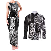 Hawaii Ku God Couples Matching Tank Maxi Dress and Long Sleeve Button Shirt Kakau Mix Polynesian Tattoo LT14 Black - Polynesian Pride