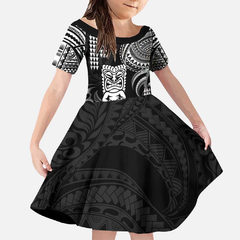 Hawaii Ku God Family Matching Off Shoulder Maxi Dress and Hawaiian Shirt Kakau Mix Polynesian Tattoo LT14 Daughter's Dress Black - Polynesian Pride