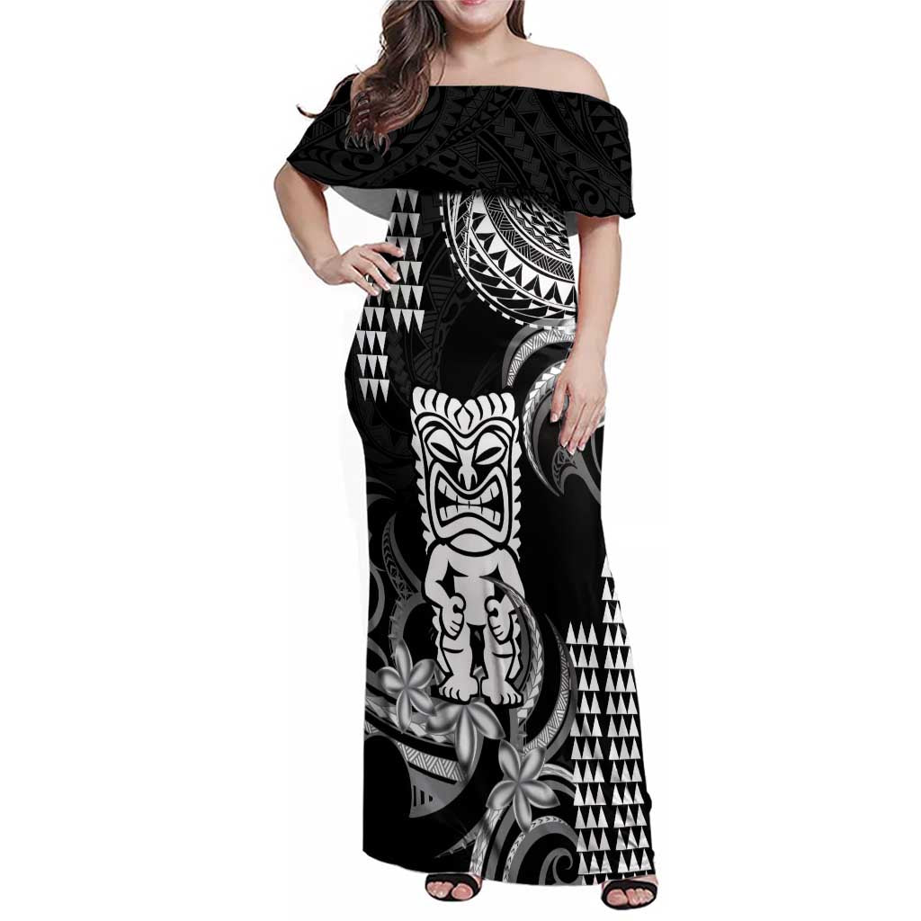 Hawaii Ku God Family Matching Off Shoulder Maxi Dress and Hawaiian Shirt Kakau Mix Polynesian Tattoo LT14 Mom's Dress Black - Polynesian Pride