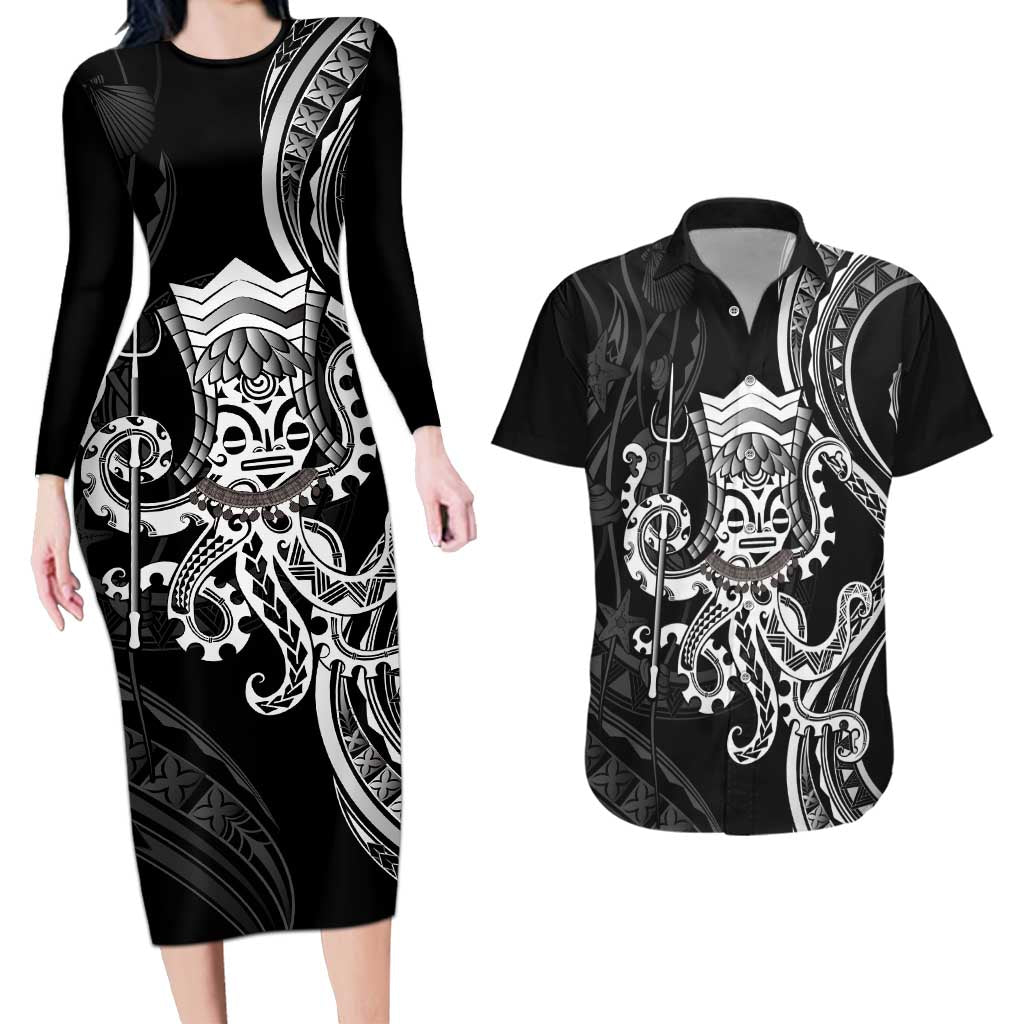Black Hawaii Kanaloa God Couples Matching Long Sleeve Bodycon Dress and Hawaiian Shirt Hawaiian Octopus LT14 Black - Polynesian Pride