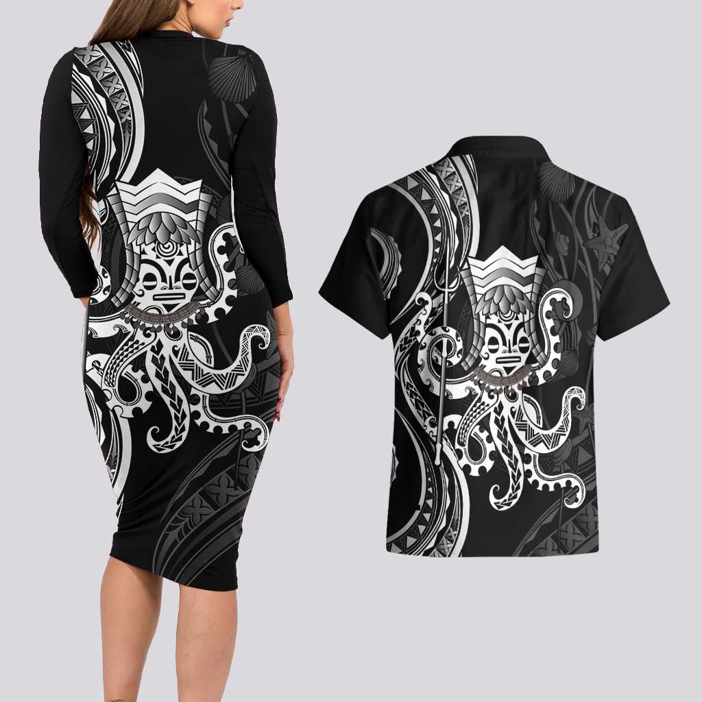 Black Hawaii Kanaloa God Couples Matching Long Sleeve Bodycon Dress and Hawaiian Shirt Hawaiian Octopus LT14 - Polynesian Pride