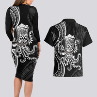 Black Hawaii Kanaloa God Couples Matching Long Sleeve Bodycon Dress and Hawaiian Shirt Hawaiian Octopus LT14 - Polynesian Pride