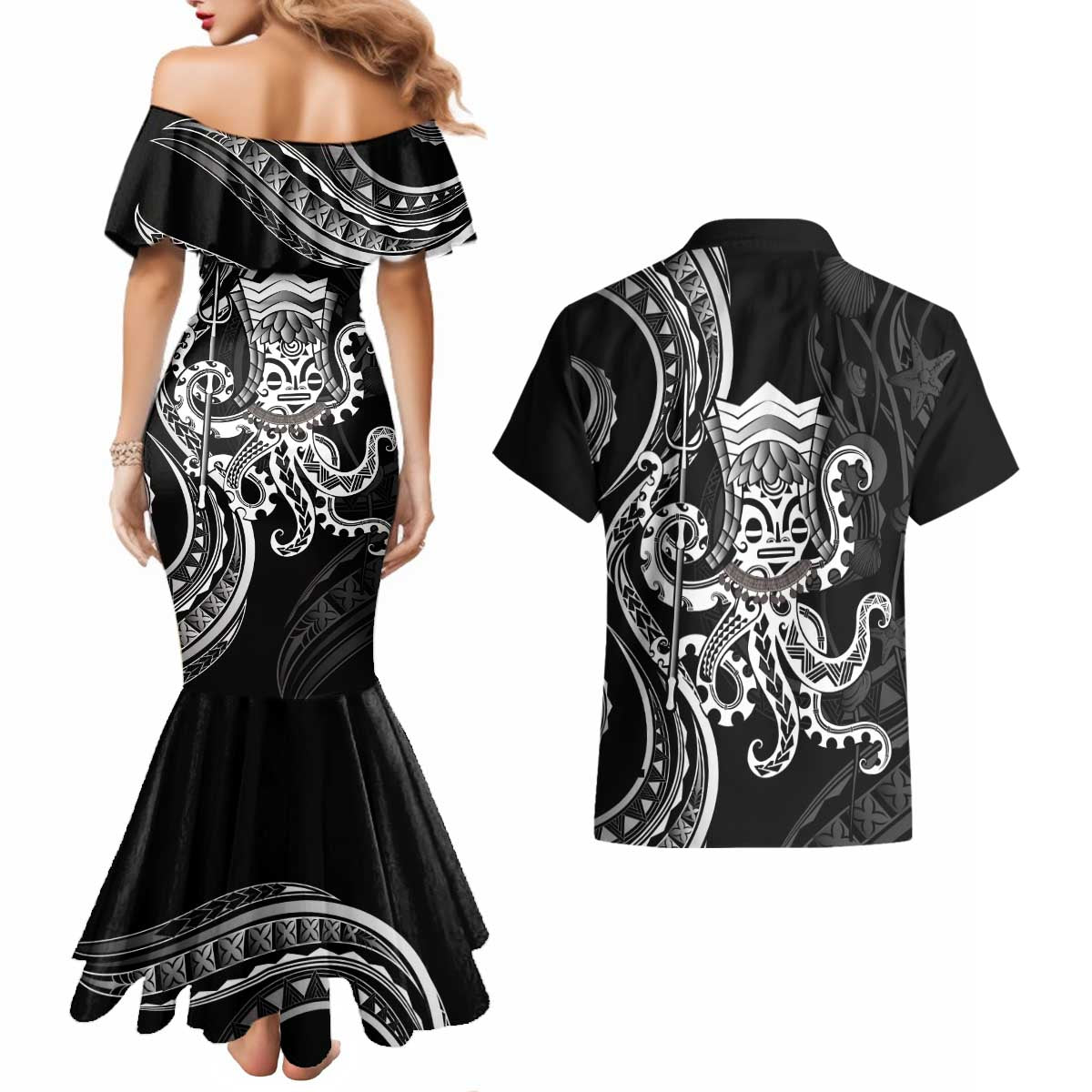Black Hawaii Kanaloa God Couples Matching Mermaid Dress and Hawaiian Shirt Hawaiian Octopus LT14 - Polynesian Pride
