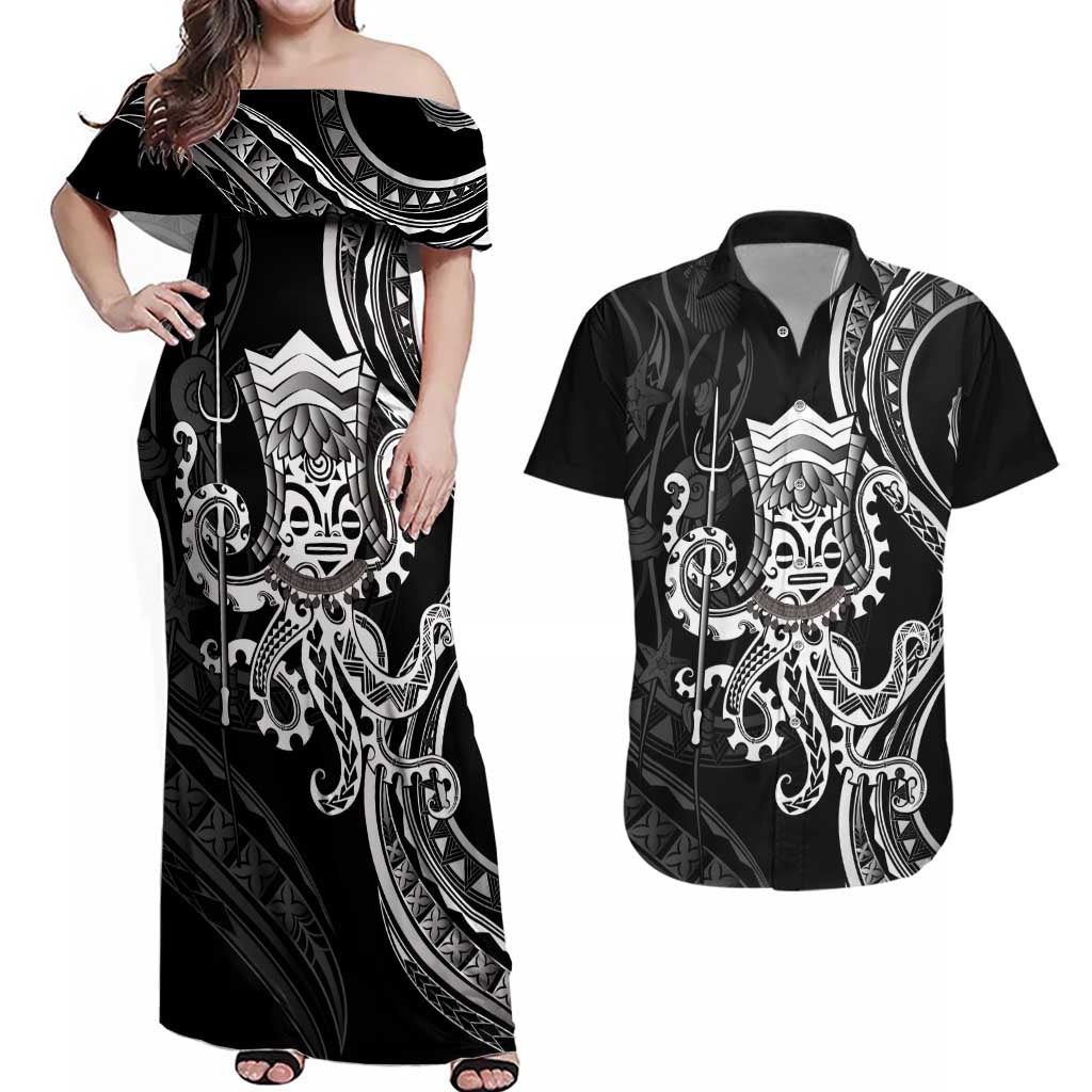 Black Hawaii Kanaloa God Couples Matching Off Shoulder Maxi Dress and Hawaiian Shirt Hawaiian Octopus LT14 Black - Polynesian Pride