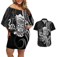 Black Hawaii Kanaloa God Couples Matching Off Shoulder Short Dress and Hawaiian Shirt Hawaiian Octopus LT14 Black - Polynesian Pride