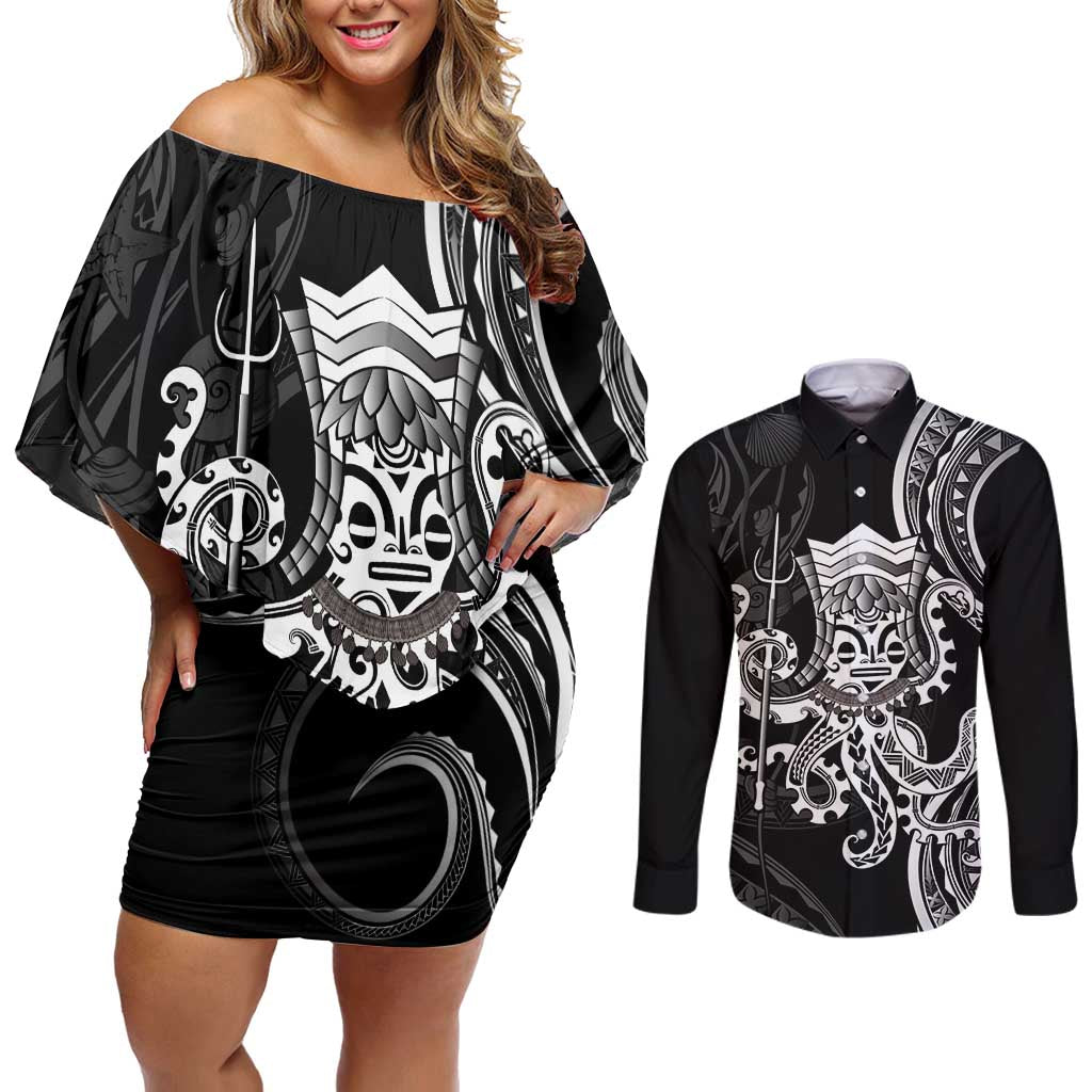 Black Hawaii Kanaloa God Couples Matching Off Shoulder Short Dress and Long Sleeve Button Shirt Hawaiian Octopus LT14 Black - Polynesian Pride