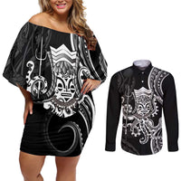 Black Hawaii Kanaloa God Couples Matching Off Shoulder Short Dress and Long Sleeve Button Shirt Hawaiian Octopus LT14 Black - Polynesian Pride
