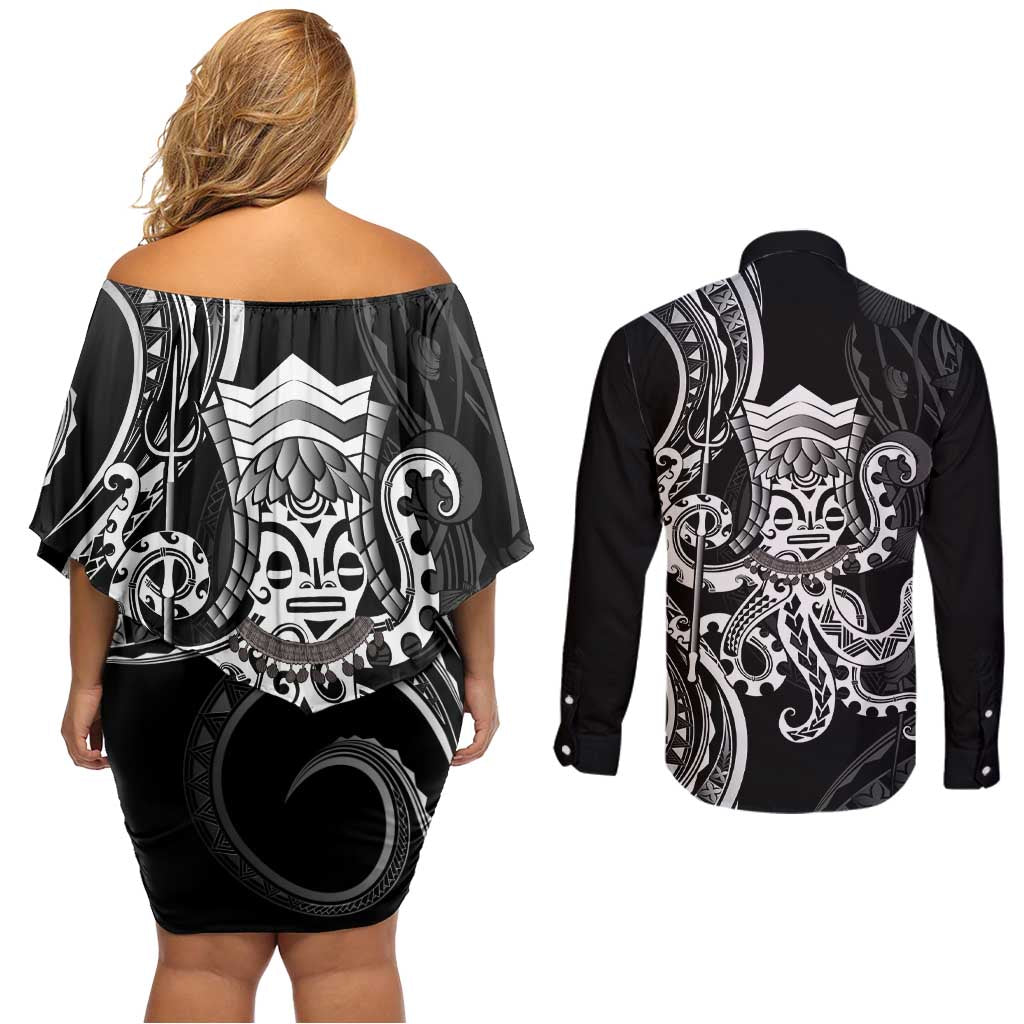Black Hawaii Kanaloa God Couples Matching Off Shoulder Short Dress and Long Sleeve Button Shirt Hawaiian Octopus LT14 - Polynesian Pride
