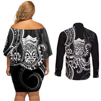Black Hawaii Kanaloa God Couples Matching Off Shoulder Short Dress and Long Sleeve Button Shirt Hawaiian Octopus LT14 - Polynesian Pride