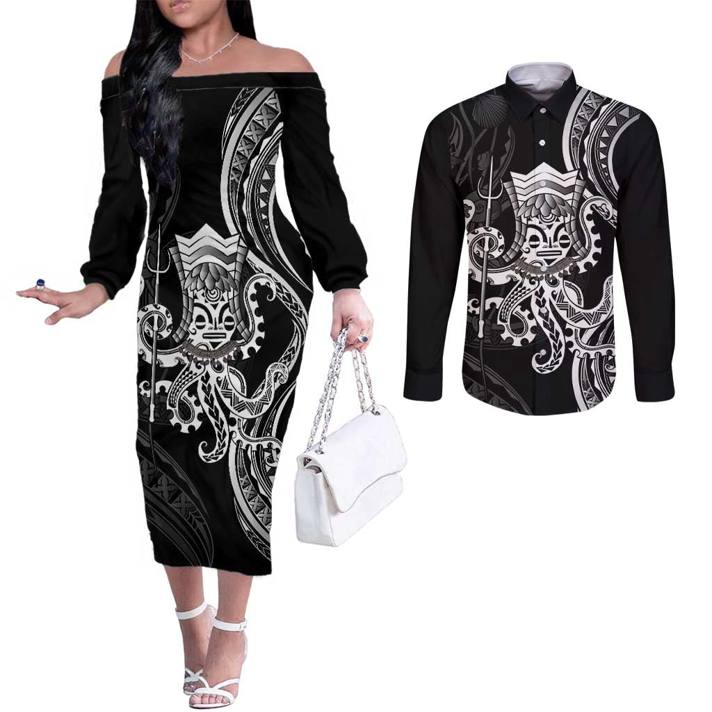 Black Hawaii Kanaloa God Couples Matching Off The Shoulder Long Sleeve Dress and Long Sleeve Button Shirt Hawaiian Octopus LT14 Black - Polynesian Pride