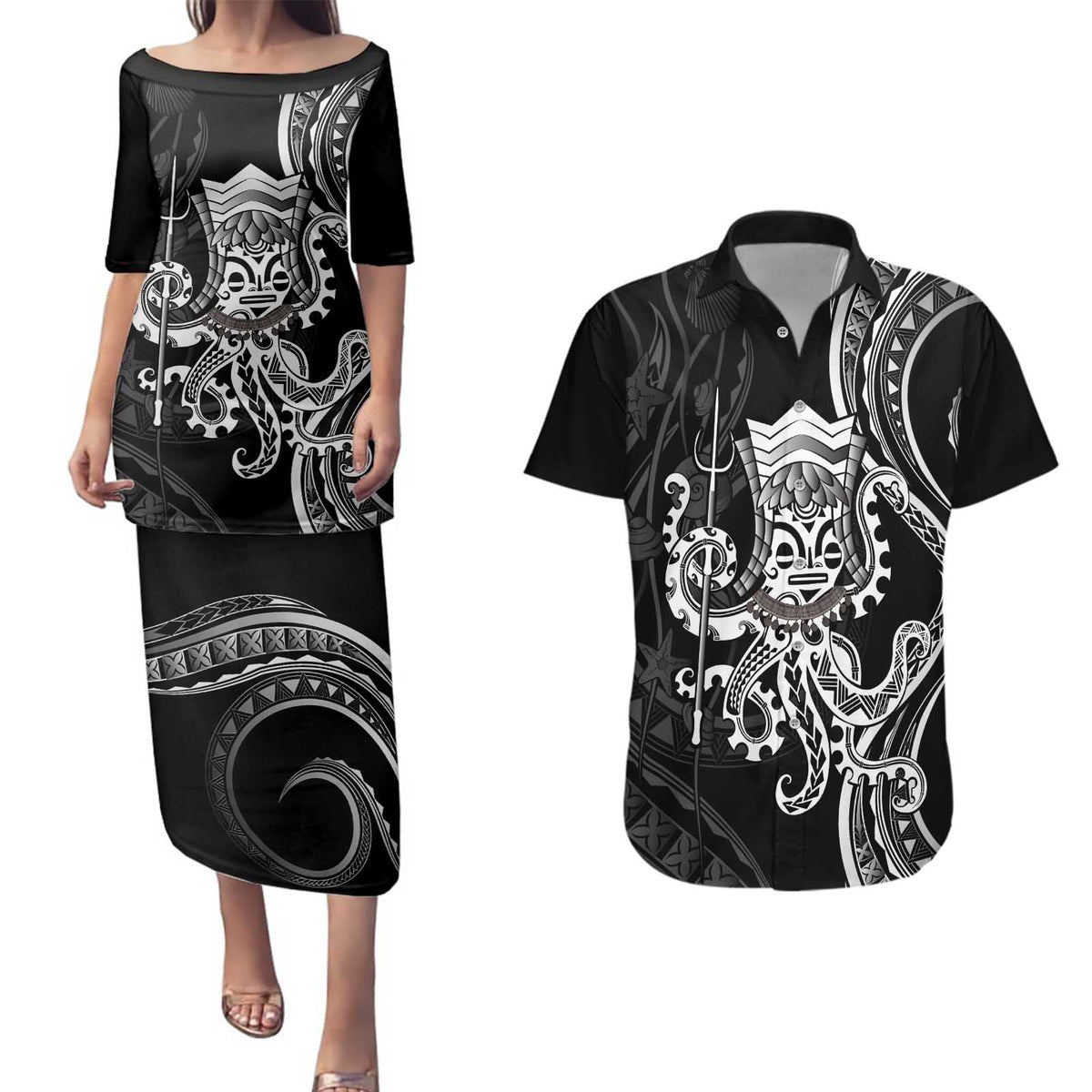 Black Hawaii Kanaloa God Couples Matching Puletasi and Hawaiian Shirt Hawaiian Octopus