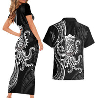 Black Hawaii Kanaloa God Couples Matching Short Sleeve Bodycon Dress and Hawaiian Shirt Hawaiian Octopus LT14 - Polynesian Pride